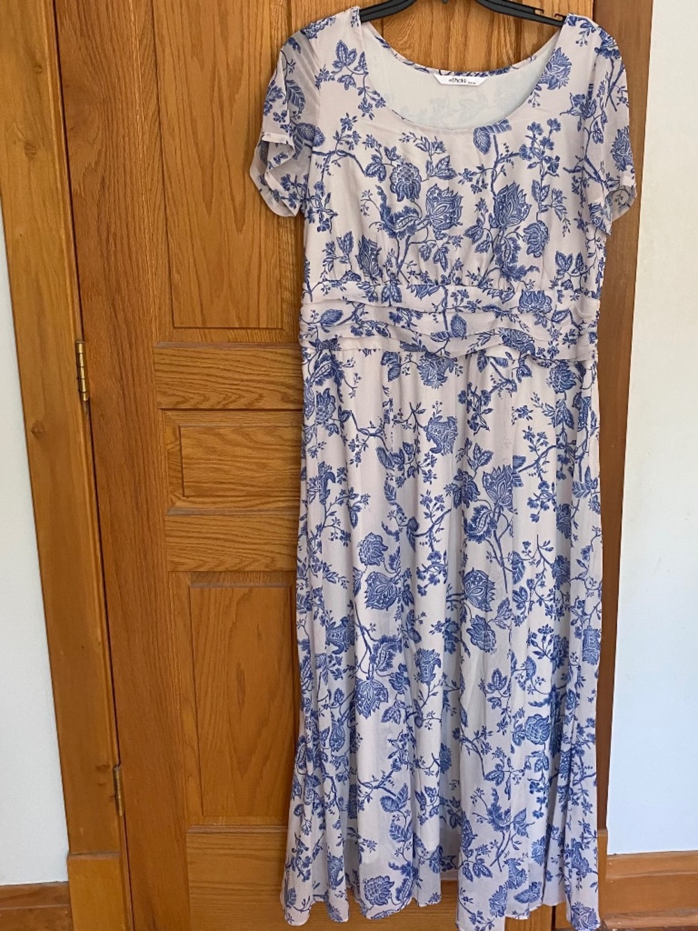 eShakti Size 18 Blue & White Delft-Inspired Floral Empire Waist Dress
